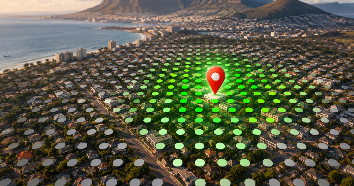 Aerial view of a Cape Town suburb with Table Mountain in the background, overlaid with a local SEO ranking grid. Green dots cluster around a law firm’s location pin, gradually fading to grey further away, illustrating geographic search visibility and measurable legal marketing performance.